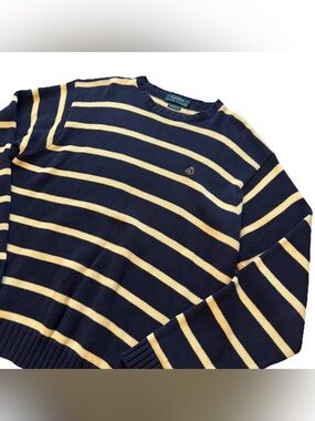 Vintage LRL Lauren Ralph Lauren Sweater L Navy Yellow Striped Crest 100% Cotton